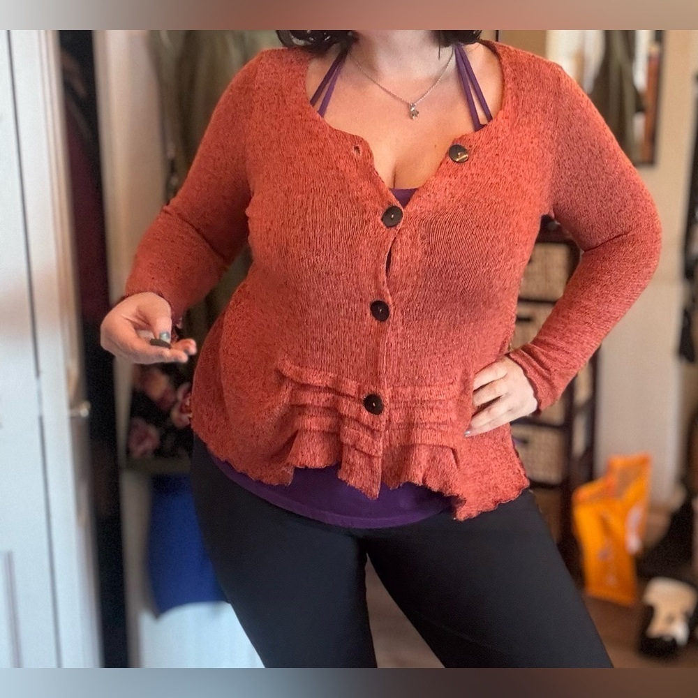 FENINI Designer Burnt Orange Textured Knit Cardigan • Artful Layering•Fits M–XL - Picture 17 of 17